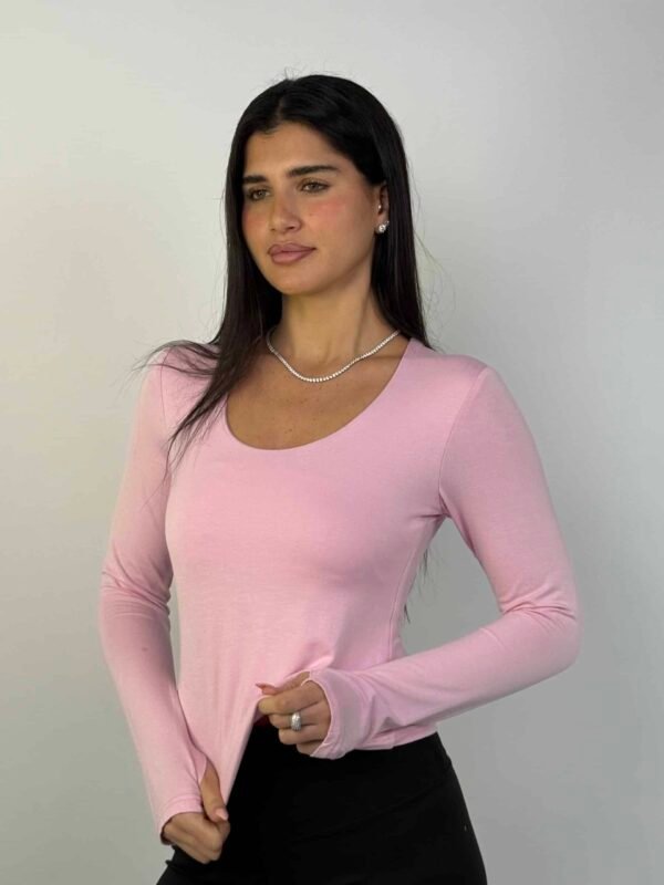 חולצת בייסיק מפתח עגול צבע ורוד בייבי שרוול ארוך