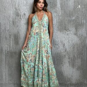 שמלת קשירה פאנלים בגוון ירוק