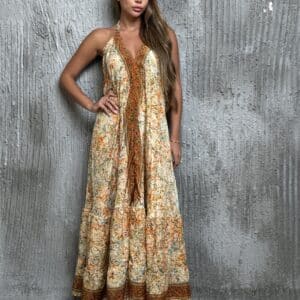 שמלת קשירה פאנלים בגווני כתום זהב