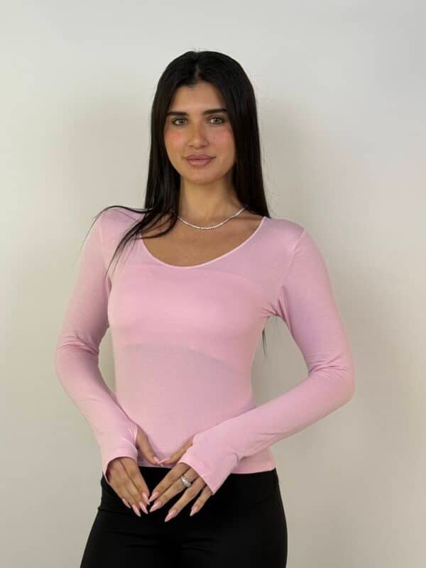 חולצת בייסיק וי תפור ורוד בייבי שרוול ארוך